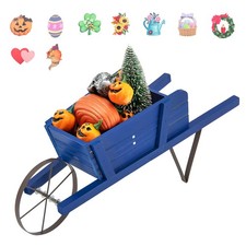 Wooden Wagon Planter Decorative Indoor/Outdoor Rustic Flower Cart w/Wheel Blue