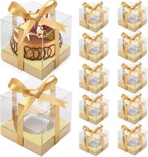 12 Pack Clear Plastic Cupcake Boxes, 3.5 Inch Gold Single Cupcake Containers