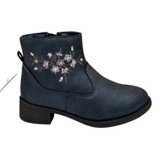 OshKosh BGosh Toddler Girls Ankle Boot Size 8 Navy Blue Flower Accent Side Zip