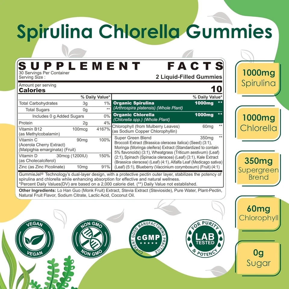 Gominolas orgánicas Spirulina Chlorella, superalimento rico en nutrientes - 60  Foto 2 de 4