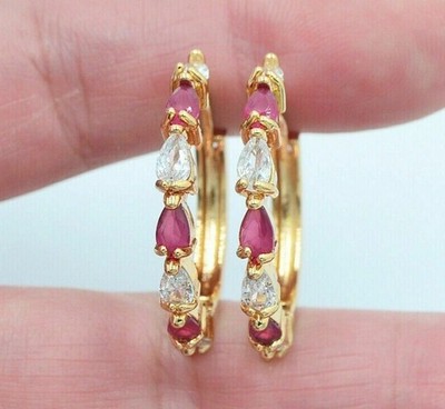 Pear Cut Simulated Red Ruby Women's Classic Hoop Earrings 14k Yellow Gold Plated