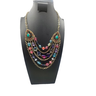 Miriam Haskell Necklace Bib Statement 23'' Gold Tone Chain Multistrand Rhinestone
