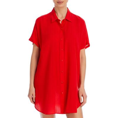 Aqua Swim Womens Red Collar Batwing Sleeve Button-Down Top Shirt S BHFO 8667