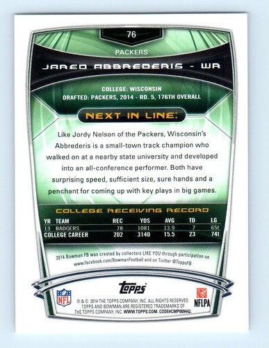 2014 Bowman Rookies Jared Abbrederis Rookie Green Bay Packers #76 - Picture 2 of 2