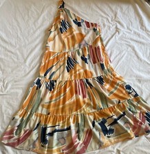 Entro Dress Womens Size Small Abstract Watercolor Tiered Ruffle Hem One Shoulder