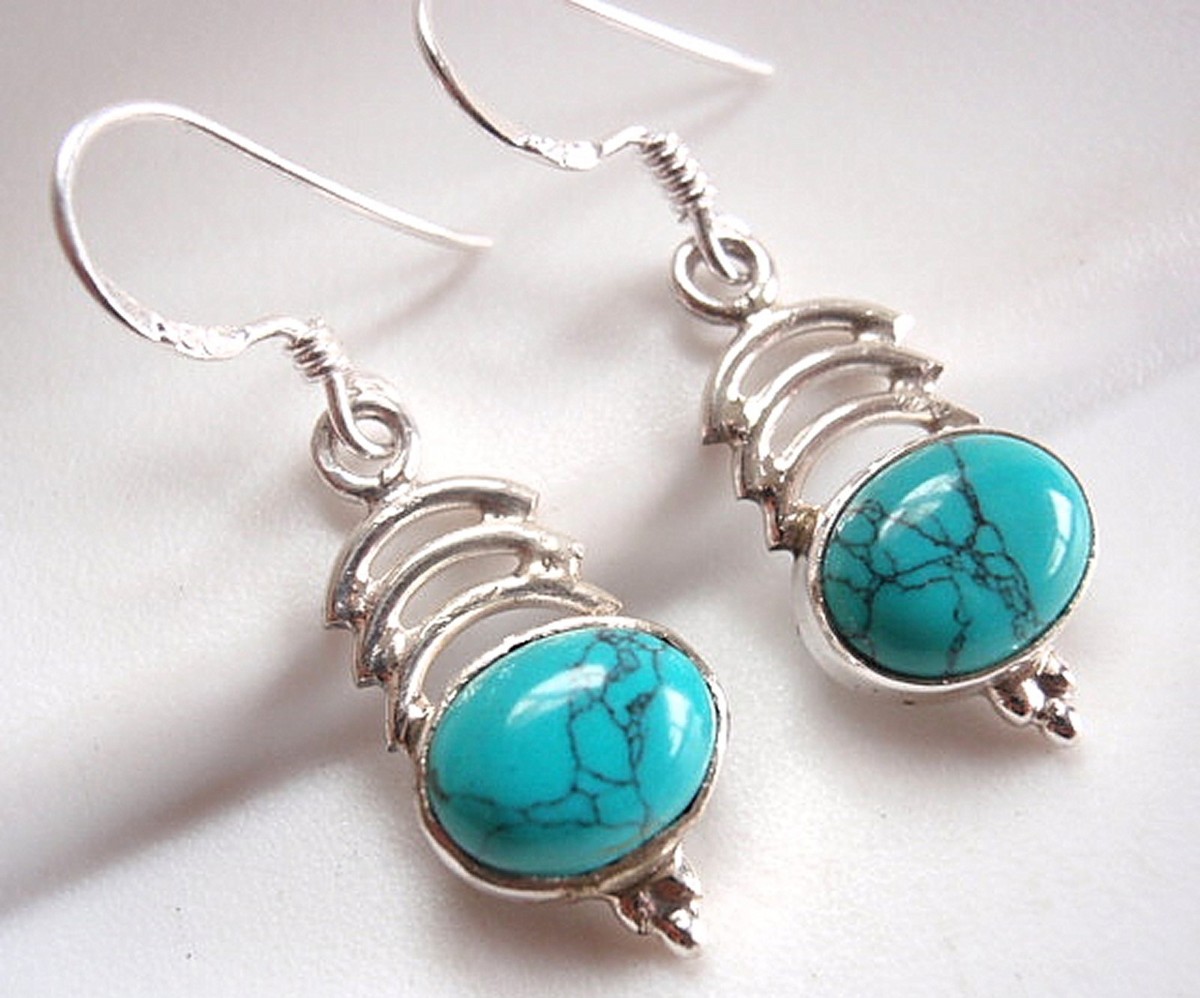 Turquoise Triple Crescent Earrings 925 Sterling Silver Dangle Drop New