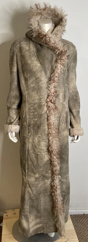 Maxi Abrigo Mujer Sylvie Schimmel Largo Gamuza Cabra Piel de Oveja Cinturón 46 12 L Capucha Foto 2 de 4