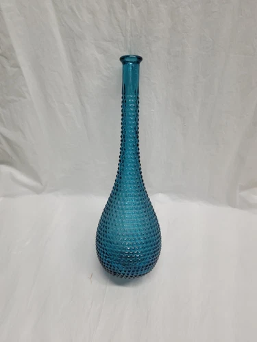 Empoli Genie Bottle Decanter Peacock Blue Diamond Pattern Italy Vintage 15 3/8" 
