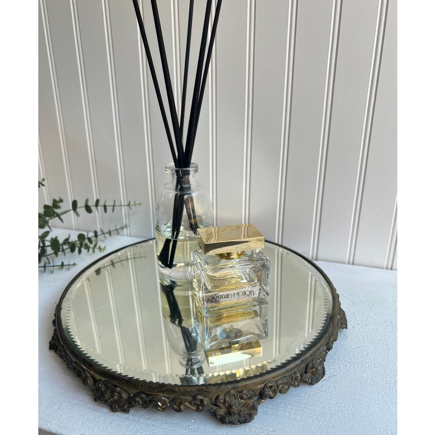 Vintage Beveled & Cut Glass Mirrored Plateau | Round Footed Mirror Platter Tray