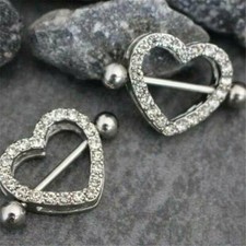 2x Sexy Perforación de Pezón Corazón de Plata Doble Capa Estrás Barras de Pezón Joyería Corporal