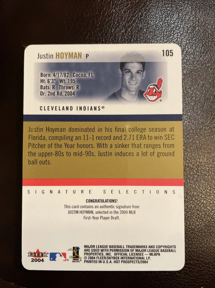 Justin Hoyman 2004 Fleer Hot Prospects AUTOGRAPH #105 Cleveland Indians - Image 2 of 2