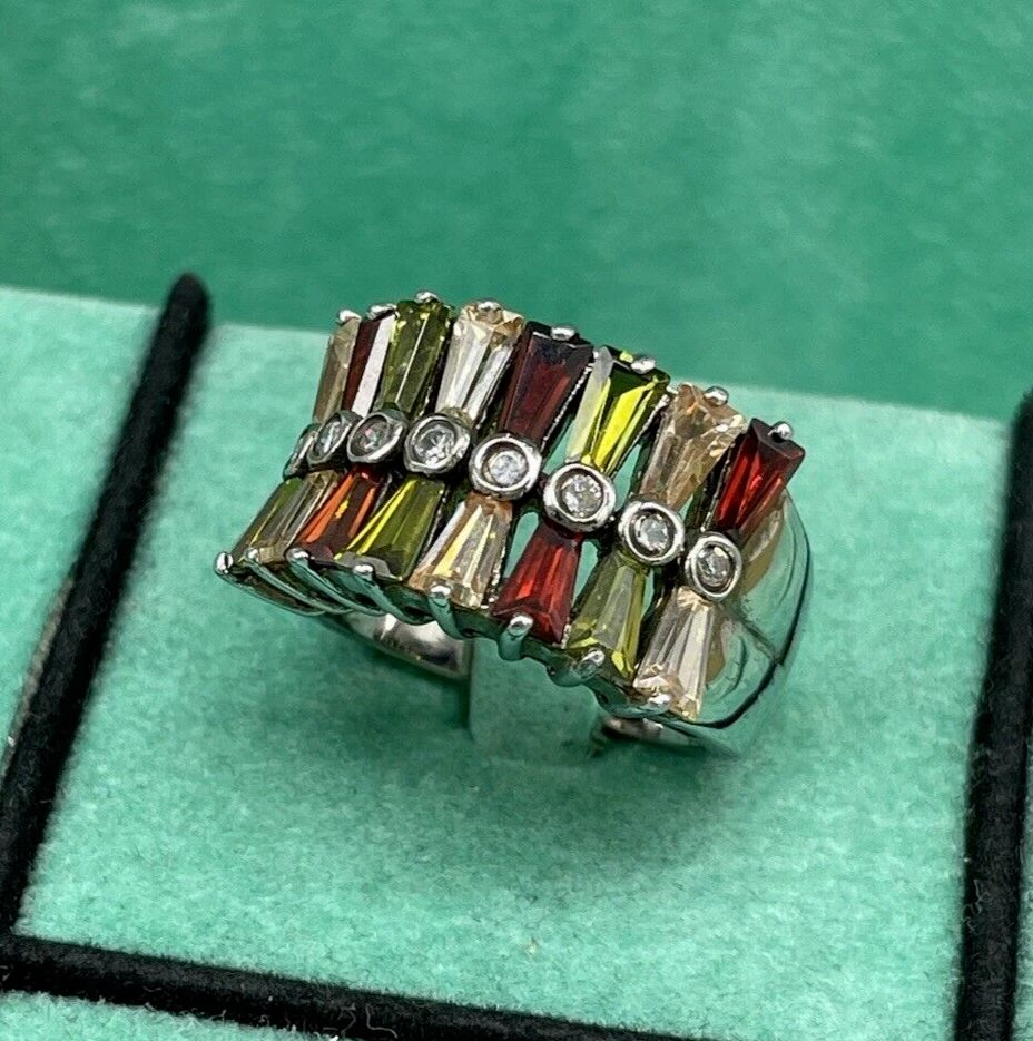 ANELLO DONNA DOPPIA ARCATA DI PIETRE BAGUETTE CRISTALLI MULTICOLORE ARGENTO 925. - Immagine 4 di 4