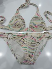 Victoria  s Secret Colorful Metallic Polka Dot Ivory Bikini Top S Bottoms L Set