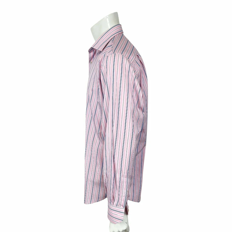 Camisa de vestir a rayas Gianni Orvietto para hombre 17-36 algodón súper fino Italia rosa azul Foto 4 de 4
