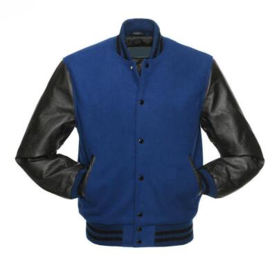 Letterman School college bomber varsity Jacket Blue Wool & Real Leather Sleeve