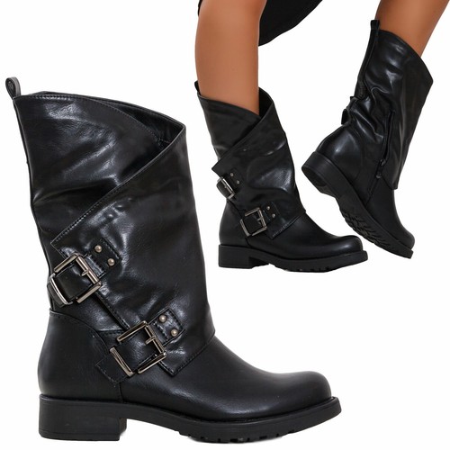 Stivali donna bassi biker boots motociclista stivaletti fibbie anfibi  SA9907 | eBay