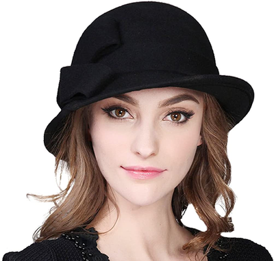 Bellady Women's 100% Wool Cloche Bucket Hat – Vintage Style With Bow, Winter Warm Hat (Navy, Black, Camel, More)