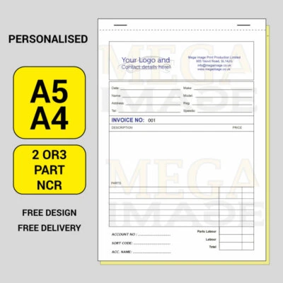MIPP INVOICE / RECEIPT PERSONALISED PRINTED NCR, A4 / A5 SIZE, DUPLICATE / TRIPLICATE