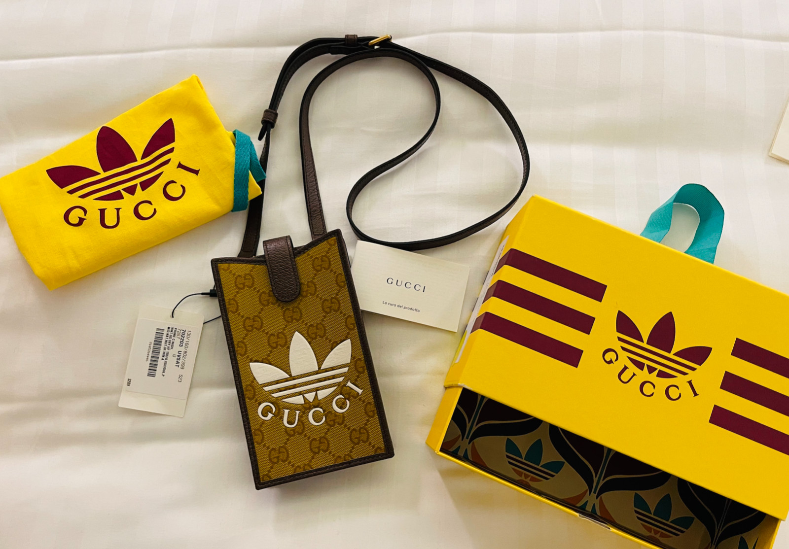 New Gucci X Adidas Beige Brown Gold Canvas GG Phone Case Crossbody Strap