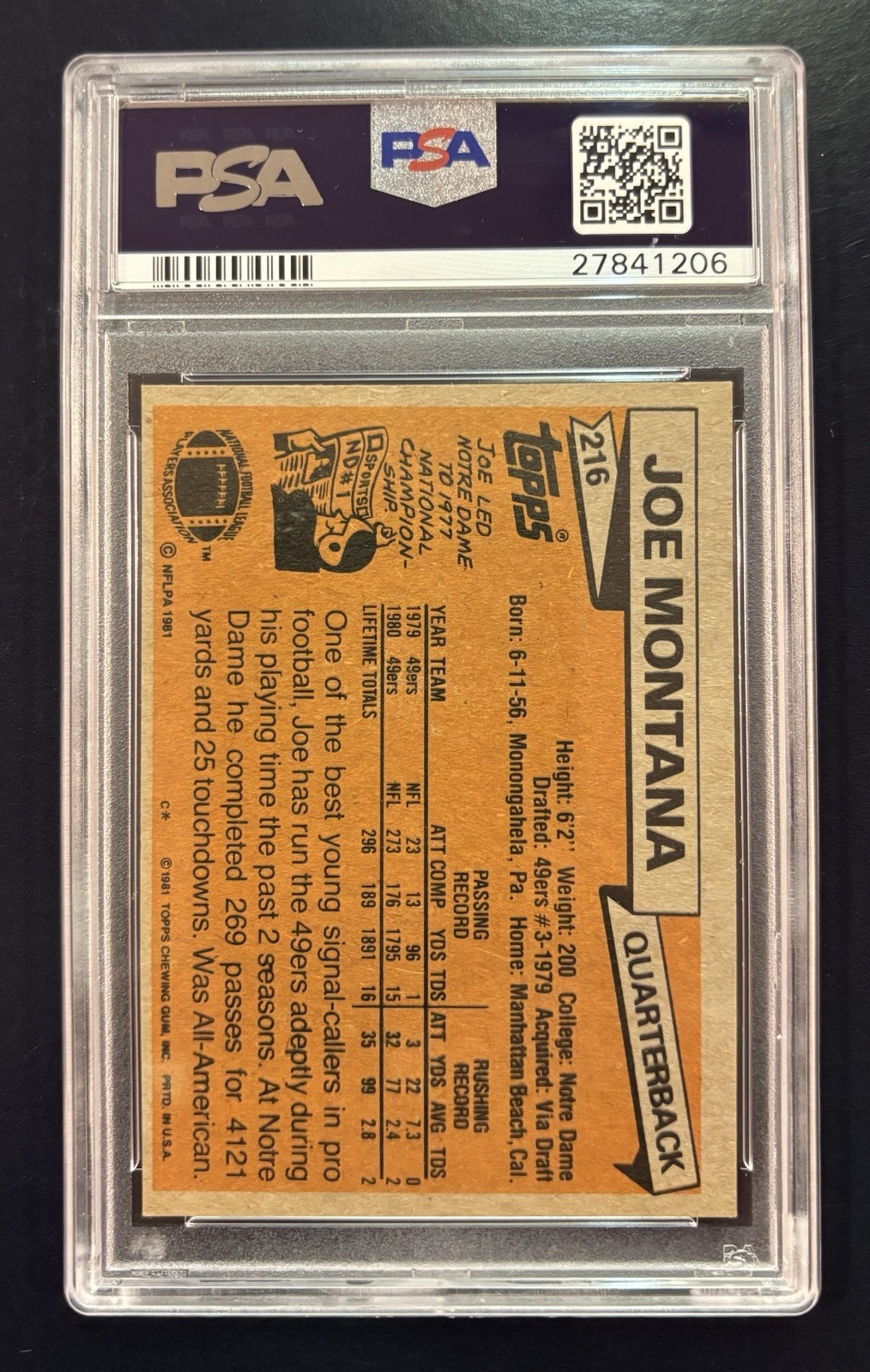 1981 Topps #216 Joe Montana PSA 7 San Francisco 49er’s Rookie Card CLEAN RC view 2