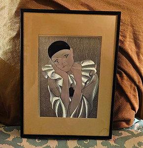 Vintage 1980s Pierrot Clown Metallic Foil Art Print Framed Sad Harlequin Mime