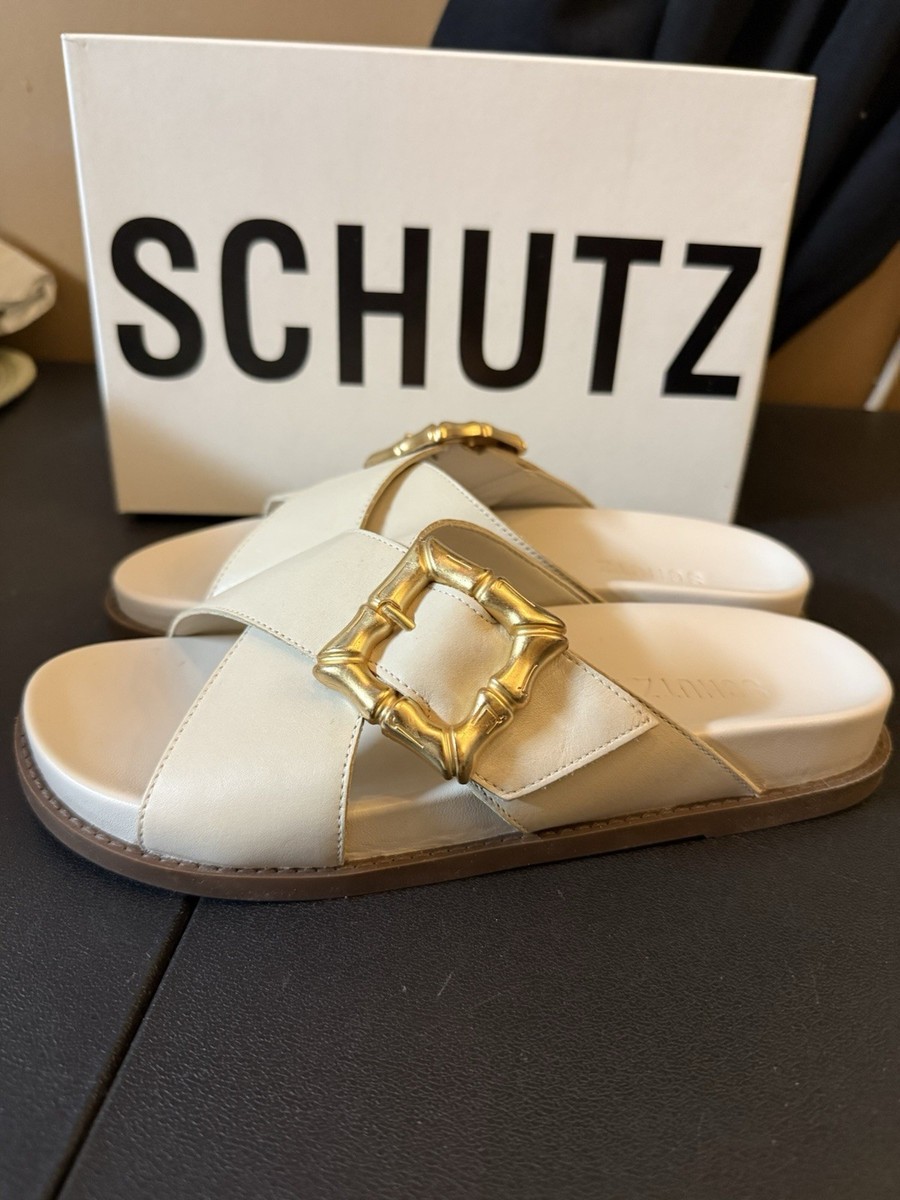 Schutz Leather Crossband Sandals -Enola Crossed-Pearl-10B A641722