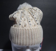 Vince Camuto Ivory Rhinestone  Pearl Beanie w/ Pom Pom, NWT