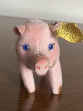 VTG STEIFF PIG "JOLANTHE" Pink VELVET w/BLUE GLASS EYES W/button Flag NICE
