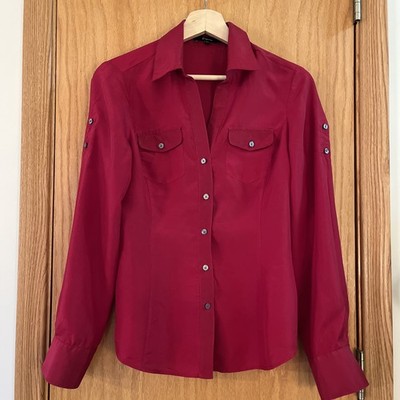 Express Design Studio 100% Silk Blouse XS Slim Shirt Cherry Ruby RED Long Sleeve