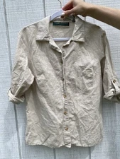 Harve Benard Linen Cotton Tan Buttondown Shirt Blouse Medium M Earthy Lightweigh