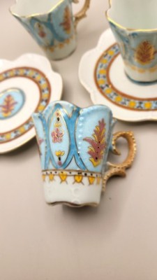Service mit 3 Kaffeetassen handbemalt - Dekor blau und gold