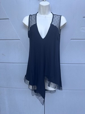 BCBGMAXAZRIA Brooke Black Asymmetrical Tunic Top XS Sheer Mesh Dark Romance Goth
