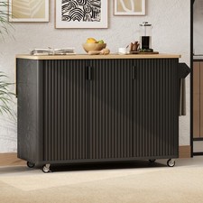 51" Fluted Kitchen Island with Drop Leaf, Black Ash Rolling Cart