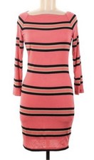 XS BEBE Dress Coral Pink With Black Beige Stripes Bodycon 3/4 Sleeves Lined
