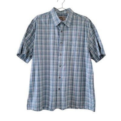 GH Bass Earth Plaid Button Down Shirt Blue Multi Men Size XL Short Sleeve Cotton
