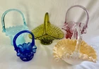 LOT 5 VTG HAND MADE GLASS BASKETS HOBNAIL CONFETTI FENTON BLUE GREEN PINK WHITE