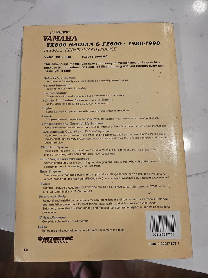 CLYMER YAMAHA YX600 RADIAN & FZ600 1986-1990 SERVICIO REPARACIÓN MANUAL DE MANTENIMIENTO! Foto 2 de 2