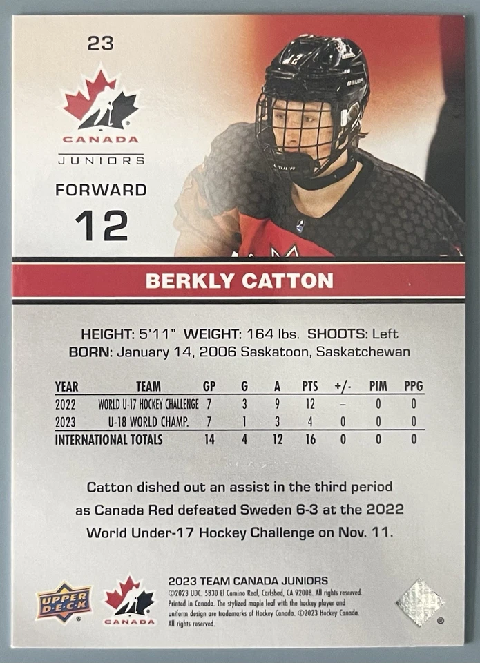 Berkley Catton Rookie 2023 Upper Deck Team Canada Juniors #23 Gold Foilboard /25 - Image 2 of 2
