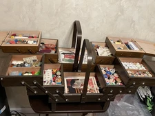 2 Vtg Packed Accordian Fold Out 3 Tier Wood Sewing Boxes Buttons Thread Pins Etc