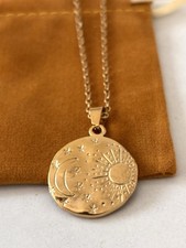 Gold Celestial Moon Sun and Star Round Pendant Necklace Women