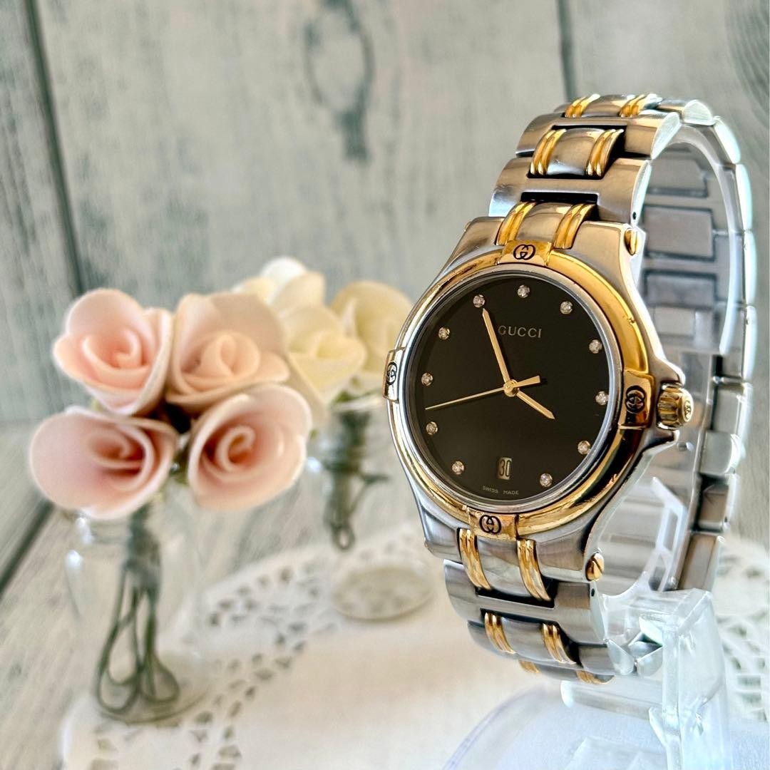美品　GUCCI 9040Mブラック　腕時計 GUCCI 9040M 11P Diamond Combination Rare Used Watch Excellent