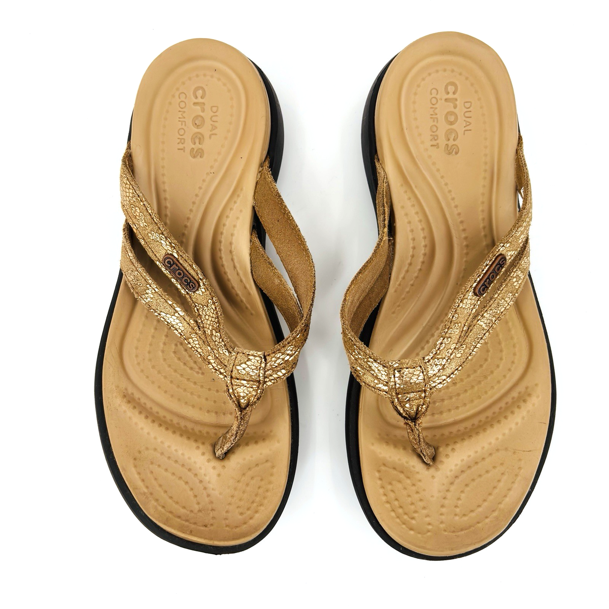 Womens W6 Crocs Capri Flip Flop Gold Metallic Leather Snake Print Thong  Sandal