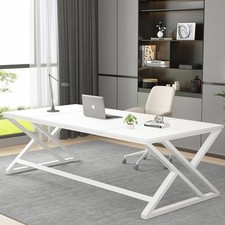LVB White Long Computer Desk, Modern Large Wood Metal Office Desk, Farmhouse Pc