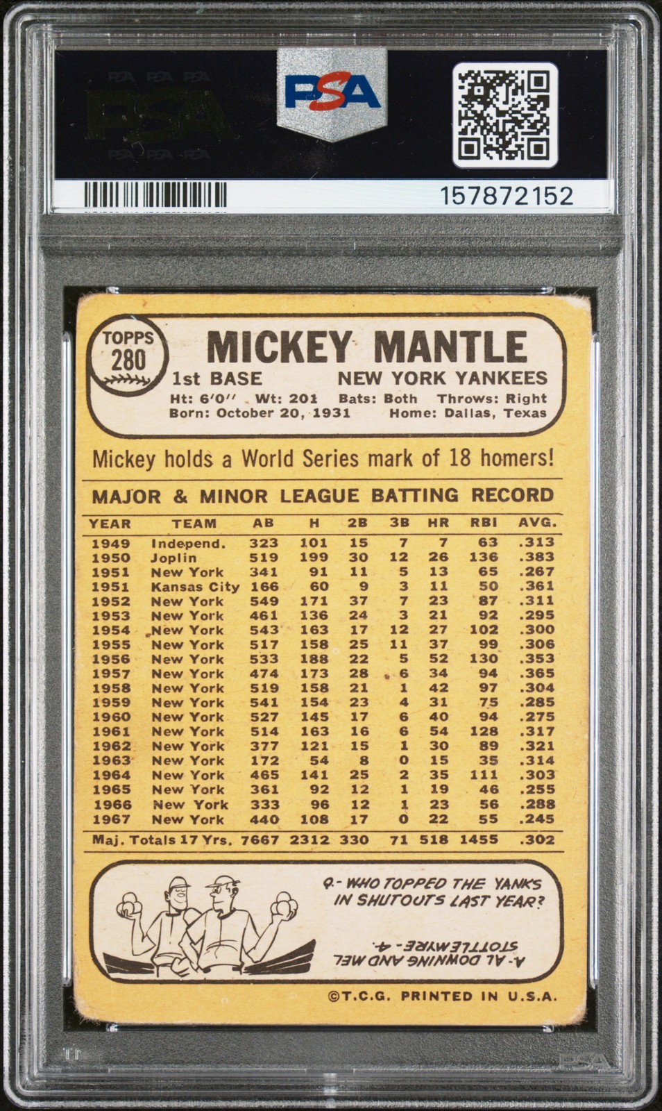 1968 Topps 280 Mickey Mantle PSA 1 157872152 view 2