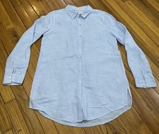 St. Tropez West Linen Roll Tab Sleeve Shirt Women's Medium Light Blue/Wh Stripe