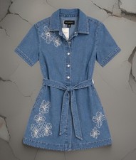 Free Assembly Women Embroidered Denim Mini Dress Medium Wash Blue Floral