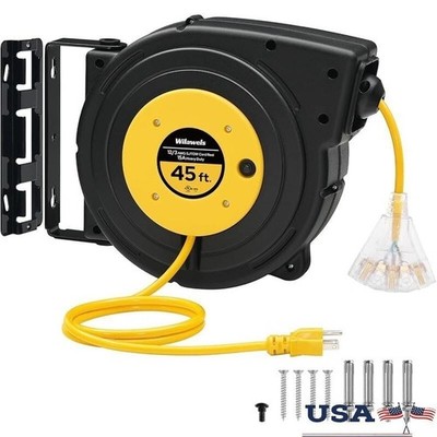 45FT Retractable Extension Cord Reel Heavy Duty Versatility Automatic Save Space