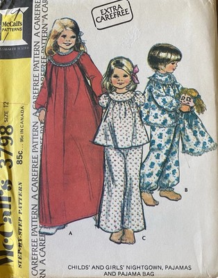Vtg McCall's 3798 Girls Yoked Nightgown Pajamas & Bag sewing pattern sz 12 UNCUT