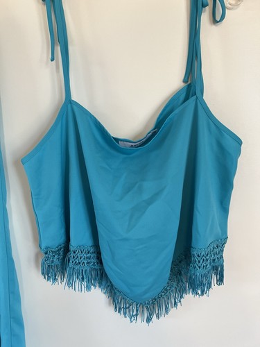 Justfab Women's 2 Pc Fringe Turquoise Summer Ankle Length Pantsuit Size XXL 2X - Picture 4 of 5