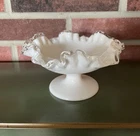 Vintage Fenton Silver Crest Ruffled Edge Candy Bowl Dish Milk Glass on Pedestal
